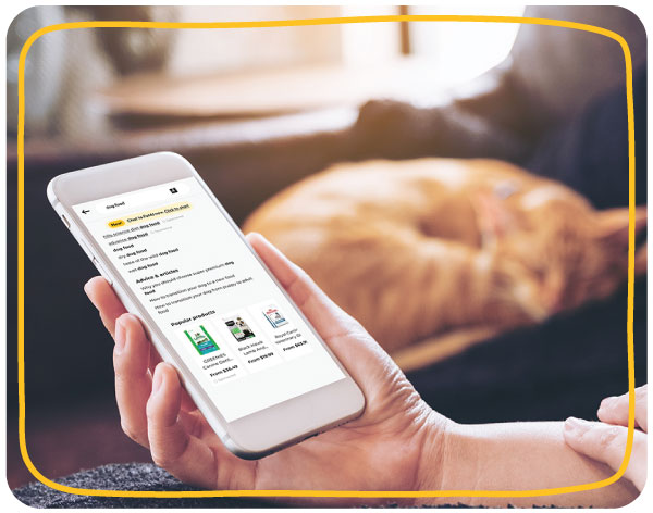 Sponsored Product Ads appearing in Petbarn search results Pet parent browsing Petbarn product search results on a mobile phone at home